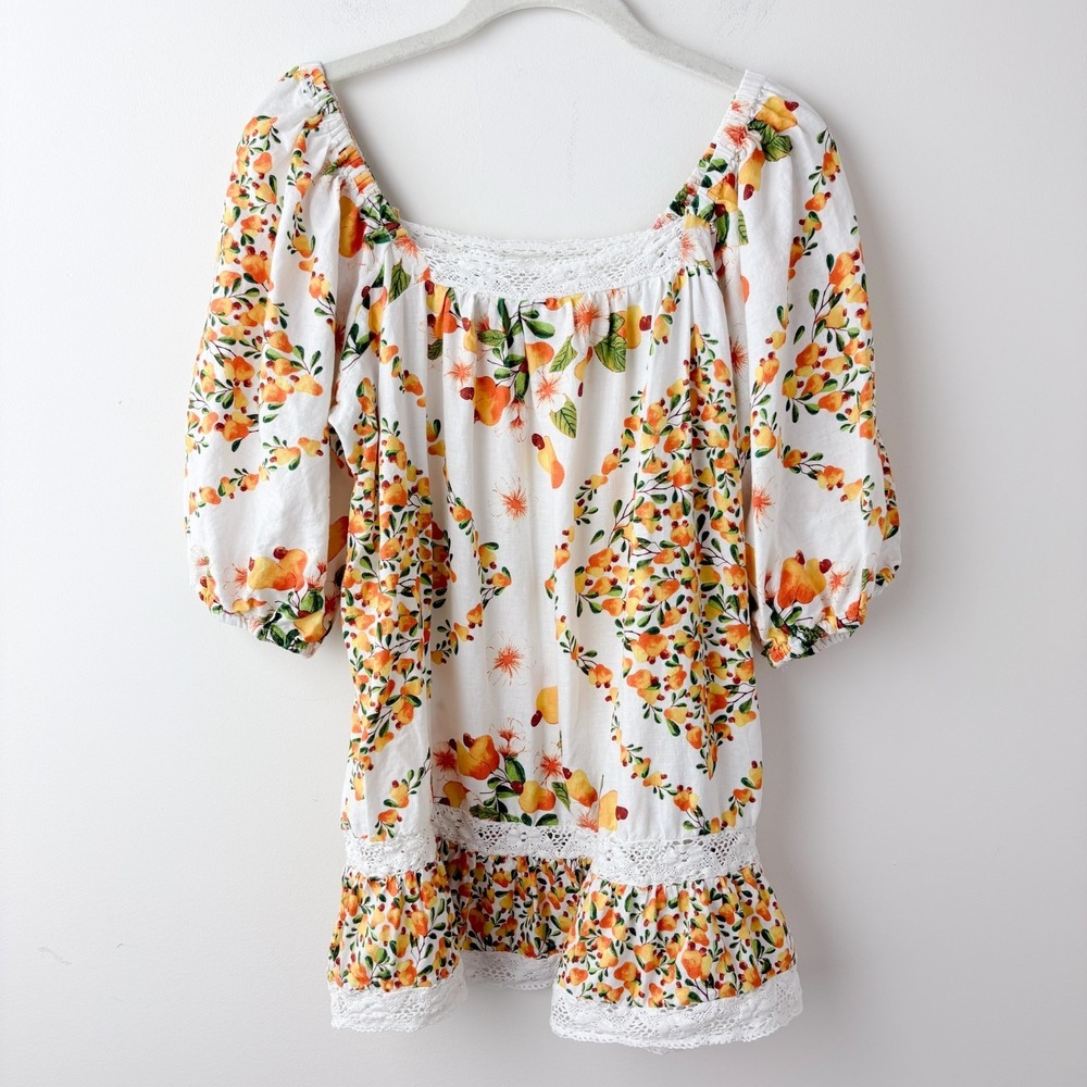 Nicole Miller Linen Blend Top Women Medium Boho Cottage Peasant Lace Trim Puff